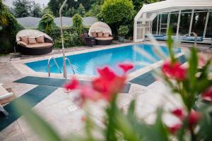 a swimming pool with two loungers and two chairs at Ferienwohnung Sonnegg in Saltusio