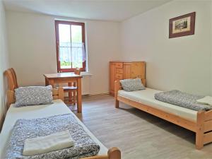 a room with two beds and a table and a desk at Penzion Liškův Mlýn in Milešov