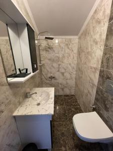 bagno con lavandino, servizi igienici e specchio di Bizim O'ra Küme Evleri & Bungalov a Trabzon