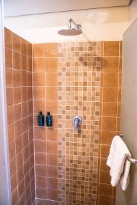 a bathroom with a shower with brown tiles at Salt Lick Safari Lodge in Tsavo