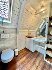 a bathroom with a toilet and a sink at Gemütliche Maisonettewohnung mit Dachterrasse am Schloß in Oldenburg