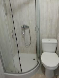 a bathroom with a toilet and a glass shower at Domek letni in Pozezdrze