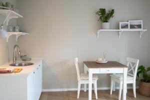Oberkotzau的住宿－1-Zimmer-Appartement, beste Lage，厨房配有桌子、两把椅子和水槽