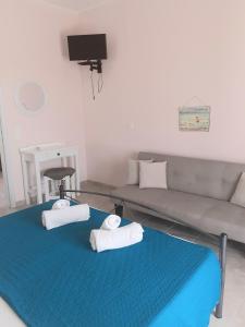salon z kanapą i ręcznikami na niebieskim kocu w obiekcie Issos Apartments w Korfu