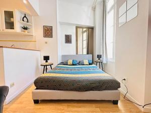ein Schlafzimmer mit einem Bett in einem weißen Zimmer in der Unterkunft Studio chaleureux in Laon