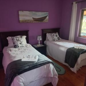 two beds in a room with purple walls at Guest house Winklespruit in Kingsborough