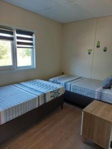duas camas num quarto com duas janelas em Къщички Sunrise em Tsarevo