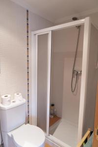 La salle de bains blanche est pourvue d'une douche et de toilettes. dans l'établissement Acogedor Apartamento en Oviedo Frente al HUCA, à Oviedo