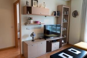 a living room with a flat screen tv on a cabinet at Acogedor Apartamento en Oviedo Frente al HUCA in Oviedo