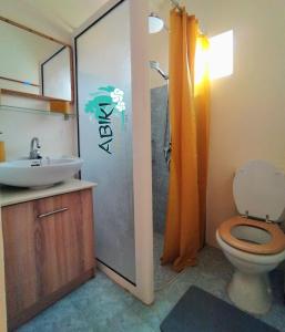 a bathroom with a toilet and a sink and a shower at Maya-Abiki Mauritius in Albion