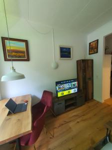 uma sala de estar com uma mesa e uma televisão em Happy Home - inclusive Pool & Sauna em Bad Harzburg