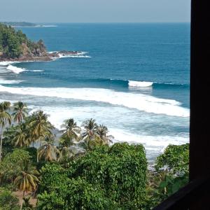 een uitzicht op een strand met palmbomen en de oceaan bij Rumah Nalu surf camp in Krui