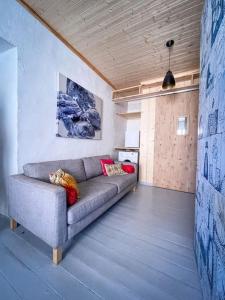 ein Wohnzimmer mit einem grauen Sofa in einem Zimmer in der Unterkunft Fairytale apartment in Viljandi old town in Viljandi