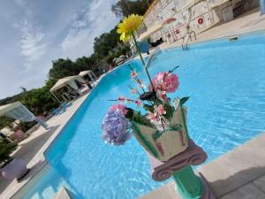 a vase filled with flowers sitting next to a swimming pool at Paco's Resort Holiday Flats in Gaios