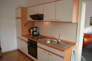 een kleine keuken met een wastafel en een magnetron bij Ferienwohnungen Ehlers-Bastelstudio in Bad Bevensen