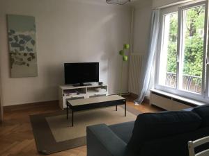 a living room with a couch and a tv at Appartement meublé proche de la Gare de Lausanne 12 in Lausanne