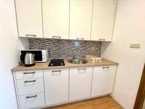 a small kitchen with white cabinets and a sink at Villa Julie in Jadranovo