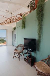 Elle comprend un salon doté d'une télévision et d'un mur vert. dans l'établissement Il Gruccione Lago di Montepulciano Private Pool Stunning Views, à Binami