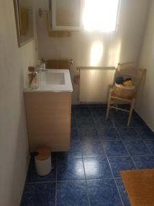 ein kleines Bad mit einem Waschbecken und blauem Fliesenboden in der Unterkunft Chambre avec salle de bain privative à 10 minutes du circuit des 24H du MANS in Étival-lès-Le Mans