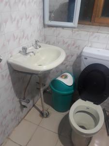 a bathroom with a sink and a toilet at Gonbo Guest House in Leh
