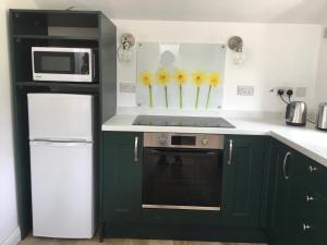 a kitchen with green cabinets and a stove and a microwave at Lythe brow in Lancaster