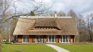 a thatch roofed house with a thatched roof at Exklusives Holzhaus in Burg