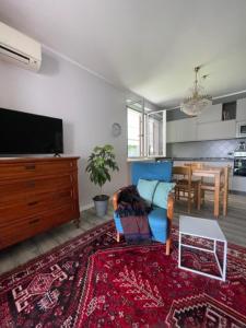 ein Wohnzimmer mit einem Sofa, einem TV und einem Tisch in der Unterkunft La casa in collina in Caprino Veronese