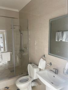 a bathroom with a toilet and a sink and a shower at Aura Almaty in Almaty