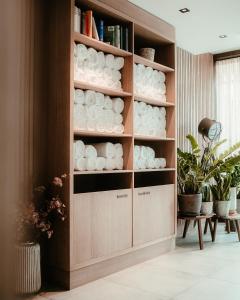 szafka z białymi naczyniami i roślinami w pokoju w obiekcie zumOXN w mieście Laufen