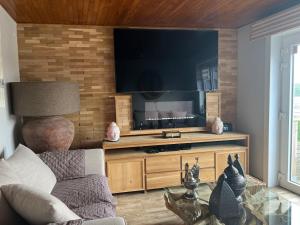 zen atitude في Sint-Martens-Lennik: غرفة معيشة مع تلفزيون بشاشة مسطحة على جدار