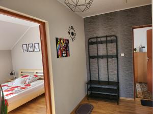 ブワディスワボボにあるApartament Wegaのベッドルーム(ベッド1台、鏡付)