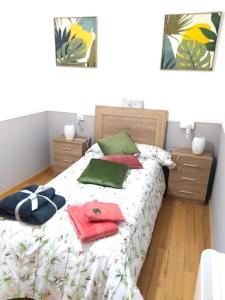 1 dormitorio con 1 cama con almohadas verdes y rojas en La torre del reloj, en Ponferrada