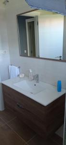 a bathroom with a sink and a large mirror at Apartamentos M° Esther in A Lanzada