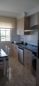 eine Küche mit einer Spüle, einem Geschirrspüler und einem Tisch in der Unterkunft Apartamentos M° Esther in A Lanzada