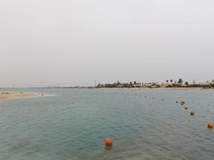 a row of orange balls in the water next to a beach at Sea Gull Marina Hotel in El Alamein