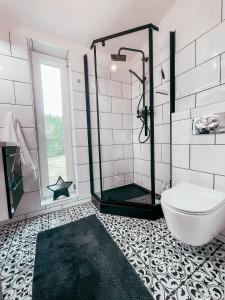 La salle de bains est pourvue d'une douche et de toilettes. dans l'établissement Domek Golf i Jezioro, à Tomaszkowo