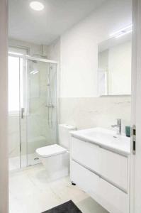e bagno con servizi igienici, lavandino e doccia. di Apartamento Roncudo 4º planta a La Coruña