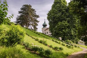 a building on top of a hill with a field of flowers at Urlaub in Schlossnähe in Artstetten