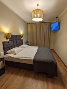 um quarto com uma cama grande e uma televisão em Two bedrooms, close to the center, fully equipped! em Cracóvia
