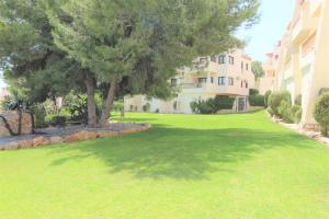 un patio verde con un árbol y un edificio en Fabulous 2 bed apartment on Las Ramblas Golf, en Villacosta