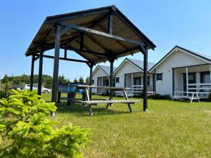 a picnic table in the grass in front of a house at Domki Nadmorska fala Rusinowo in Rusinowo