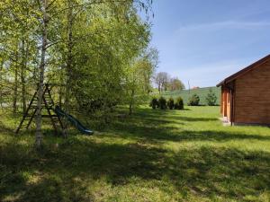 a green yard with a building and a tree at Domki na zaciszu w Rynie in Ryn
