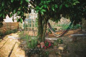 a hammock in a garden with a tree and flowers at Vintage House near São Pedro do Sul in Fataunços