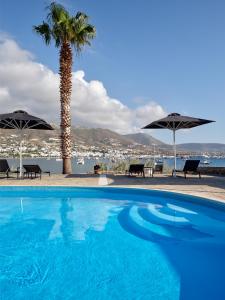 una piscina con 2 sombrillas y una palmera en Parian Village Beach Hotel - Adults Only en Parikia