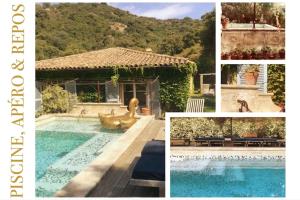 eine Collage mit Fotos von einem Haus und einem Pool in der Unterkunft Villa Mon Amour à Grimaud in Grimaud