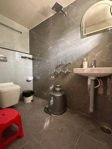 a bathroom with a sink and a toilet at Anthara service apartments in Belūr