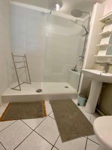 a bathroom with a shower and a toilet and a sink at soleil et vue in Barcelonnette