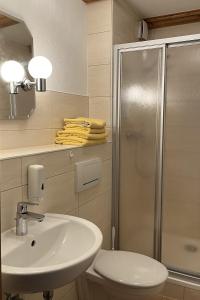 La salle de bains est pourvue de toilettes, d'un lavabo et d'une douche. dans l'établissement Hotel Garni Melchendorf, à Erfurt