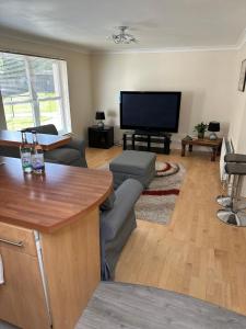 ein Wohnzimmer mit einem Sofa und einem Flachbild-TV in der Unterkunft 2 bed city centre executive apartment in Aberdeen