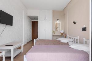 a bedroom with two beds and a tv on a wall at ALEXANDROS B in Nikiana